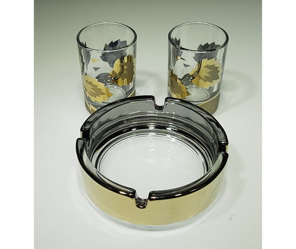 Gläser-Sets 3-tlg, (1 Aschenbecher, 2 Schnapsgläser) „Blatt“
